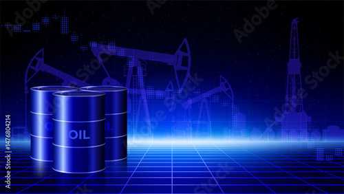 Oil barrels on abstract industrial background. Crude oil production and refining industry. Pumpjack. Drilling rig, derrick in dark blue space. Copy paste, place for text. Vector illustration