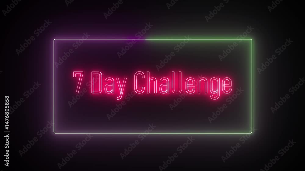 Neon style animated '7 Day challenge' title glowing vibrantly on a dark backdrop, ideal for modern content creators, daily challenge videos, and dynamic motion design intros. Neon style animated '7 Day challenge' title glowing vibrantly on a dark backdrop, ideal for modern content creators, daily challenge videos, and dynamic motion design intros.