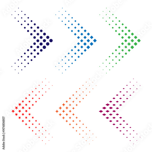A vibrant collection of colorful halftone arrows in various shapes and hues, featuring dotted and star patterns on a white or transparent background. Eye-catching directional halftone icons