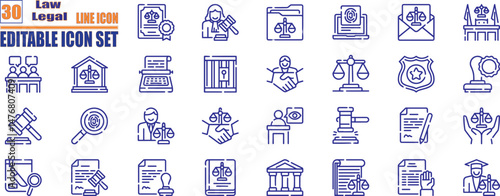 Law and justice line icons collection. Containing law firm, legal document, courtroom, scales of justice, gavel, legal research, attorney, judge and more. Vector illustration 