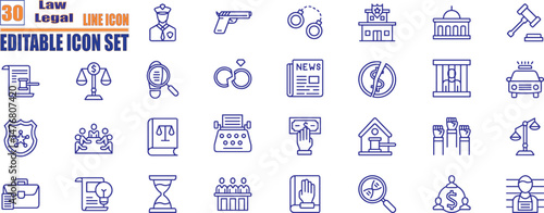 Law and justice line icons collection. Containing law firm, legal document, courtroom, scales of justice, gavel, legal research, attorney, judge and more. Vector illustration 