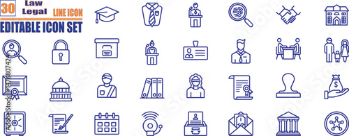 Law and justice line icons collection. Containing law firm, legal document, courtroom, scales of justice, gavel, legal research, attorney, judge and more. Vector illustration 