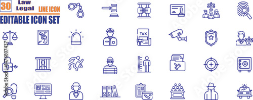Law and justice line icons collection. Containing law firm, legal document, courtroom, scales of justice, gavel, legal research, attorney, judge and more. Vector illustration 