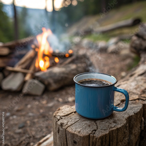 Wallpaper Mural Blue enamel cup of hot steaming coffee sitting on an old log by an outdoor campfire. Extreme shallow depth of field with selective focus on mug. Torontodigital.ca