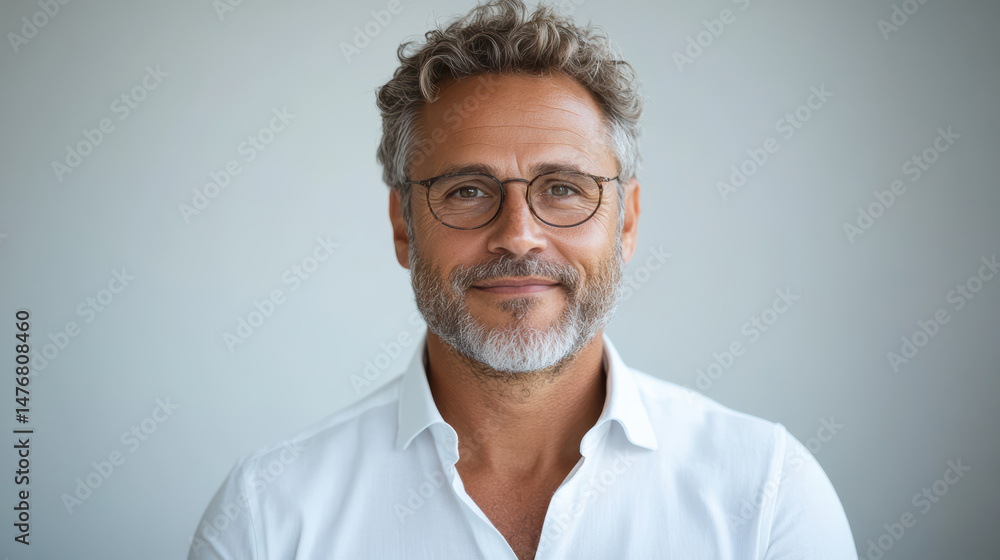 Fototapeta premium Confident man with glasses smiling bright setting, showcasing professionalism