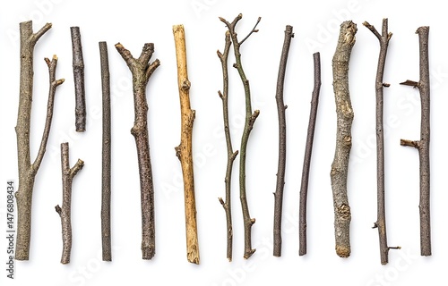Assorted twigs and small branches in various lengths and shades of brown, laid out vertically on a white background.  Each branch displays natural wood grain and unique textures