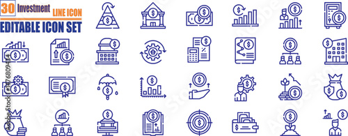 Investment line icon set. economy, financial gain, interest investor, mutual fund, asset, risk management, and stock icons.