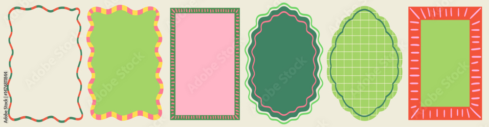 Set of frames with wavy line edges, doodle borders with striped background and curved shapes. Template for invitations, posters, banner, social media decoration.