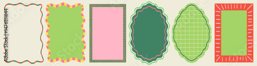 Set of frames with wavy line edges, doodle borders with striped background and curved shapes. Template for invitations, posters, banner, social media decoration.