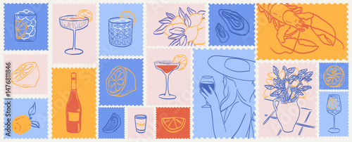 Letter mail stamp sticker print, wall art vector travel postcard, summer Mediterranean placard or poster. Retro frame or border element design with italian food, lemons and wine. Summer in Amalfi.
