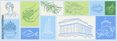 Letter mail stamp or sticker print, wall art vector travel postcard, summer marine engraving placard or poster. Retro frame or border element design with greek landmarks. Summer vacation in Greece.