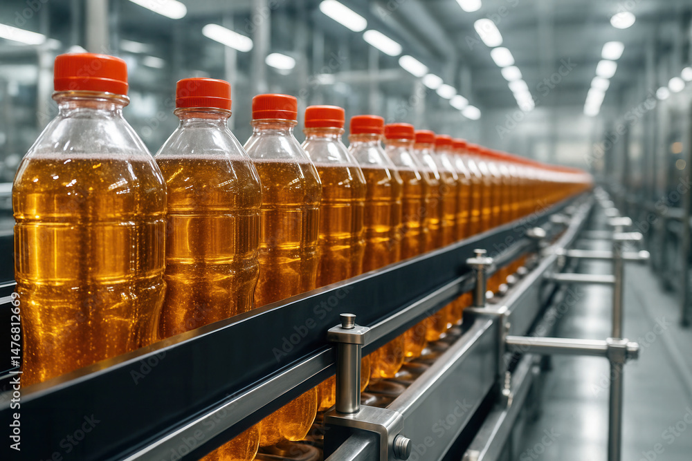 A production line of orange-capped plastic bottles filled with a golden liquid in an industrial bottling facility. A production line of orange-capped plastic bottles filled with a golden liquid in an industrial bottling facility.