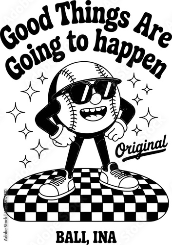 Fun baseball character encouraging good vibes with inspiring message