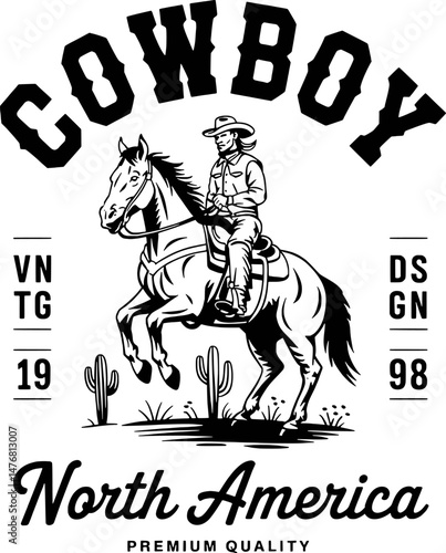Cowboy riding horse in vintage north america design illustration