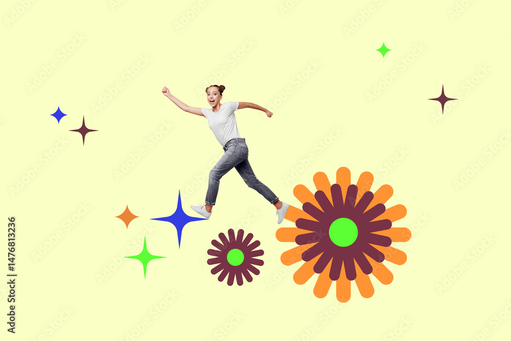Collage of joyful fashion model in retro colorful bohemian patterns background evoking vintage style artistic flair Collage of joyful fashion model in retro colorful bohemian patterns background evoking vintage style artistic flair