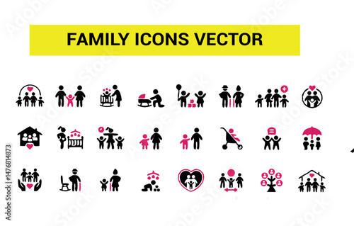 Family Vector Icon Set – Parents, Children, Love, Home, Couple, Baby, Mother, Father, Family Care, People Icons