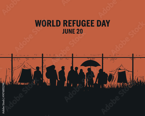 World Refugee Day graphic depicting people near tents and a fence