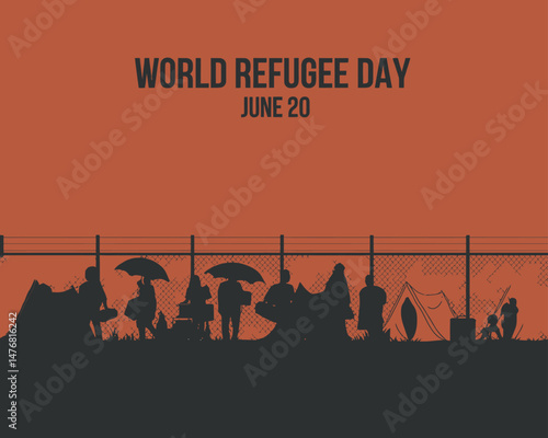 World Refugee Day graphic depicting people near tents and a fence
