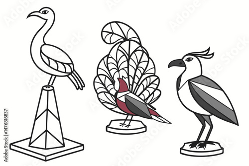 135 a collection of stylized bird sculptures, whimsical bird figurines, abstract bird statues, minimalist bird art, modern bird sculptures, contemporary bird designs, geometric bird forms, stylized bi