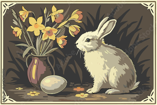 136 antique frame, oil painting, hyper-detailed, hyperrealistic, photorealistic, still life, rabbit, bunny, easter egg, daffodils, bluebells, flowers, vase, textured background, dramatic lighting, int