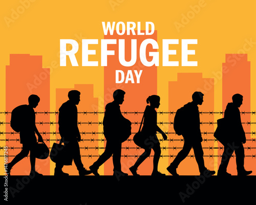 World Refugee Day graphic of people crossing barbed wire near a city