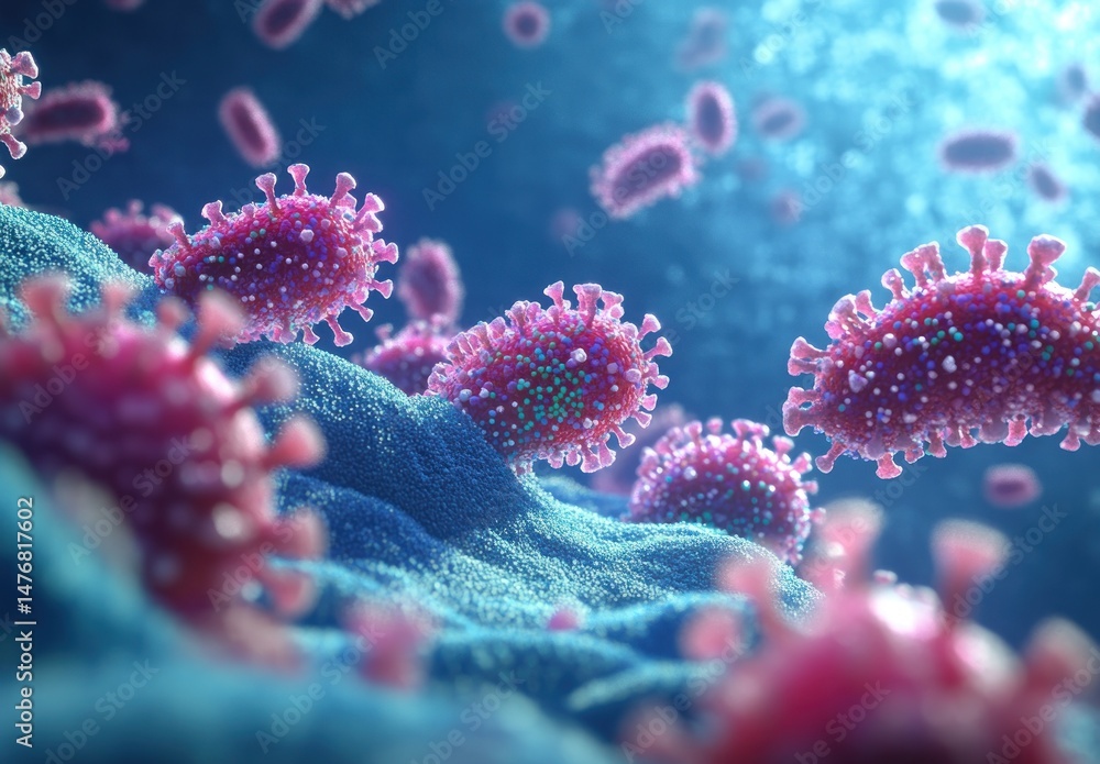 Microscopic View of Colorful Viruses Floating in Vibrant Cellular Environment with Intricate Structures and Forms Microscopic View of Colorful Viruses Floating in Vibrant Cellular Environment with Intricate Structures and Forms