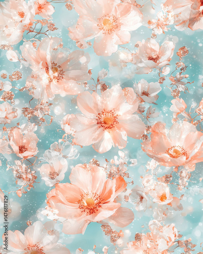 Floral patterns with soft peach flowers and blue background