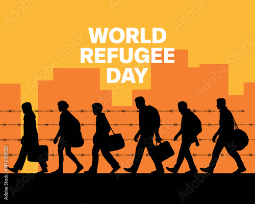 World Refugee Day graphic of people crossing barbed wire near a city