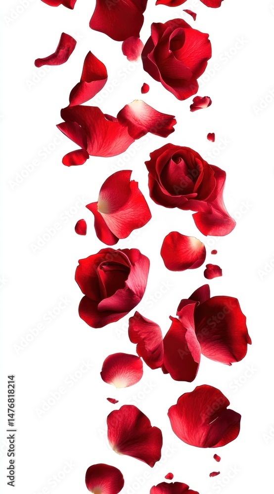 Romantic Red Rose Petals Falling Gracefully on White Background Creating Elegant Atmosphere for Special Occasions and Events Romantic Red Rose Petals Falling Gracefully on White Background Creating Elegant Atmosphere for Special Occasions and Events
