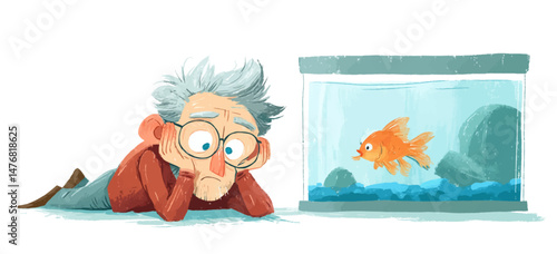 A man with gray hair and glasses lies on the floor, supporting his head with his hands. He gazes intently at a goldfish swimming in a nearby aquarium, deep in contemplation.