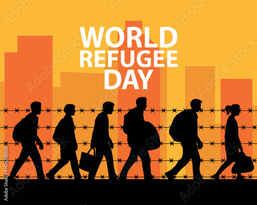 World Refugee Day graphic of people crossing barbed wire near a city