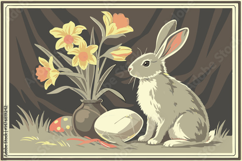 136 antique frame, oil painting, hyper-detailed, hyperrealistic, photorealistic, still life, rabbit, bunny, easter egg, daffodils, bluebells, flowers, vase, textured background, dramatic lighting, int