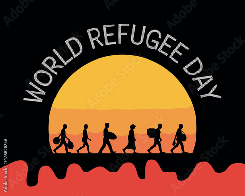 World Refugee Day graphic of silhouettes migrating against sunset