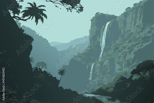 137 intricate, highly detailed, dramatic landscape, lush green tropical forest, massive towering rocky cliffs, waterfalls cascading over the edges, atmospheric fog, dramatic lighting, cinematic, high 