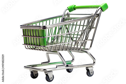 Mini shopping cart with green accents on png background studio shot, shopping cart, mini, small, miniature, green, chrome, black, isolated, retail, supermarket, grocery, market, metal, wire, object
