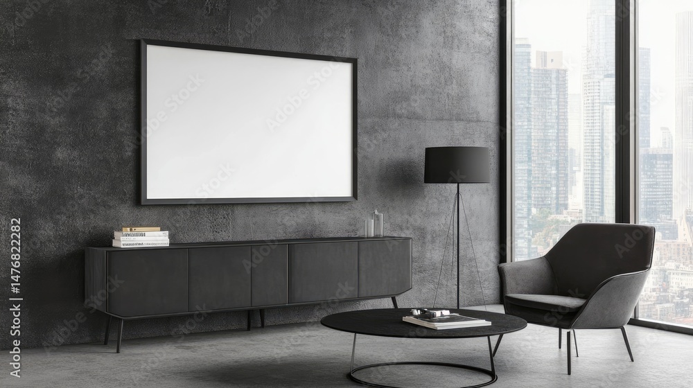 Modern, dark gray interior with empty frame. Modern, dark gray interior with empty frame.