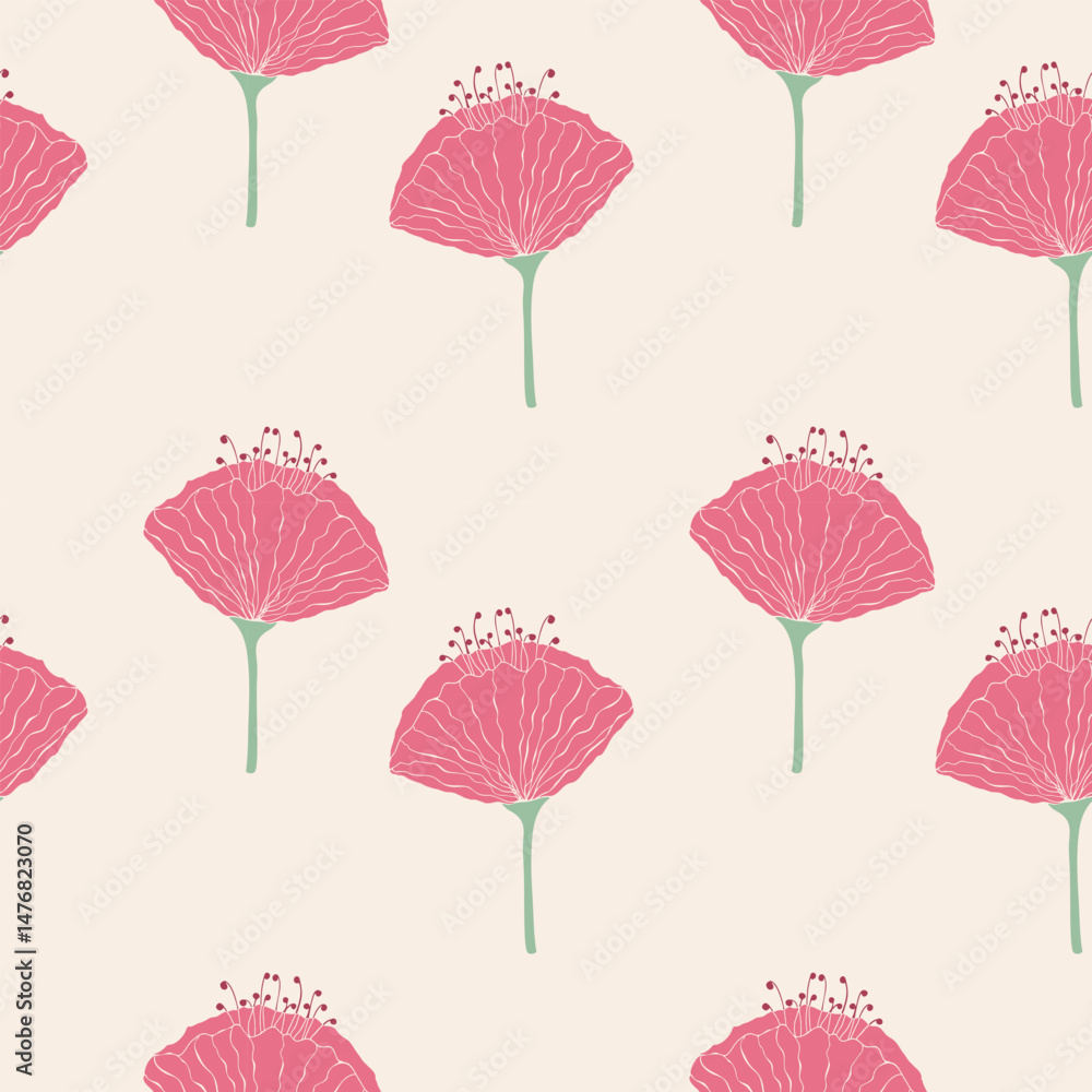 Obraz premium Flowers pink pattern, hand drawn flowers on light creme background. Delicate feminine tones. Vector illustration