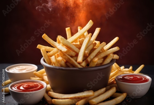 french fries, ketchupo and mayonaise on the table of a restaurant, unhealthy lifestyle on a fast food resaturant