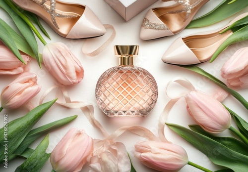 Elegant perfume bottle, delicate shoes, and fresh tulips arranged on a white background.  A gift set with a feminine touch