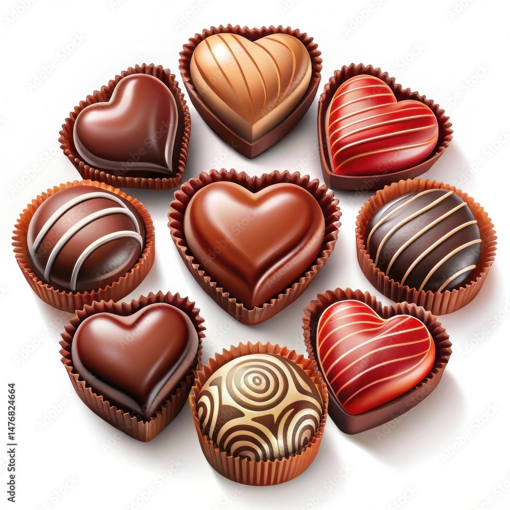 Assortment of delicious heart shaped chocolates arranged in a circular pattern on white background Assortment of delicious heart shaped chocolates arranged in a circular pattern on white background