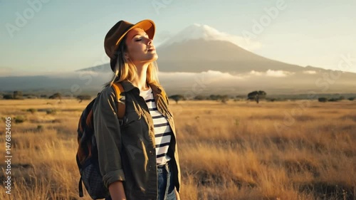 A young woman with a backpack enjoys a summer view of the mountain landscape under the sun