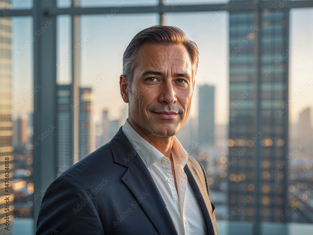 Portrait of Confident CEO in Bright High-Rise Office with City View Portrait of Confident CEO in Bright High-Rise Office with City View
