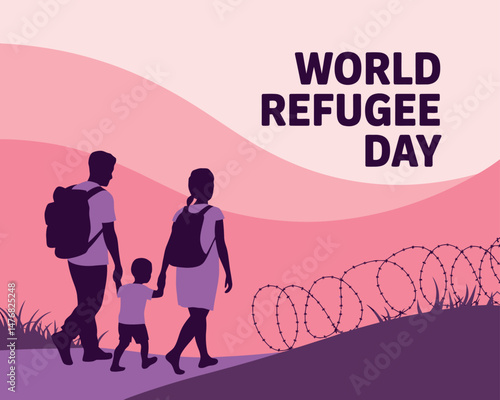 World Refugee Day graphic showing family migration journey landscape