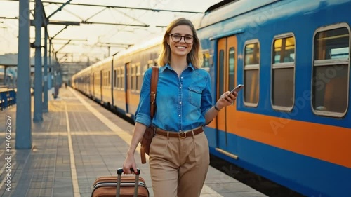 A fashionable businesswoman smiles while waiting with her bag at the railway station
