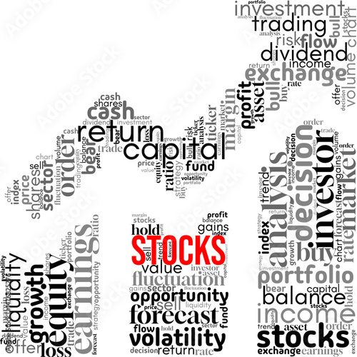 Word cloud centered on "Stocks", featuring terms related to investing, trading, and financial markets. Ideal for business content, investor education, and stock market visuals