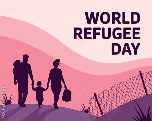 World Refugee Day graphic showing family migration journey landscape