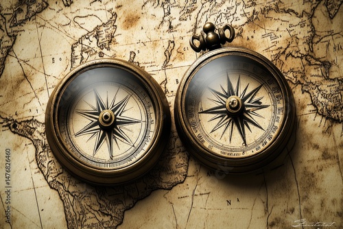 Antique compasses on vintage map