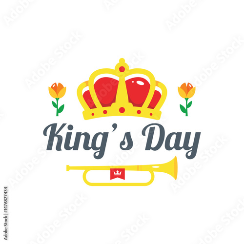 Handwriting Kings Day Celebration Crown, Trumpet, Royal, Festive, Orange