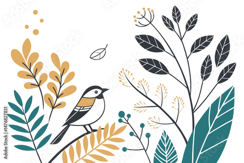 138 minimalist autumn, botanical, vector icons, flat design, geometric, modern, minimal, natural elements, leaves, feathers, branches, foliage, autumn colors, warm tones, grey, black, mustard, teal, n