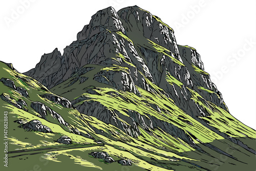 77 mountain landscape, impressive rugged rocky peak, steep ridges covered in lush green grass, dramatic lighting, realistic, cinematic, detailed, high-quality, photorealistic